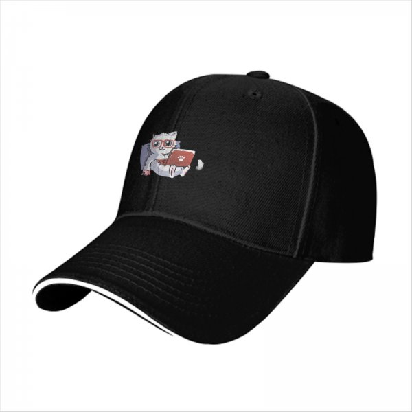 Black Baseball Cap With Cute Working Cat Graphic Print