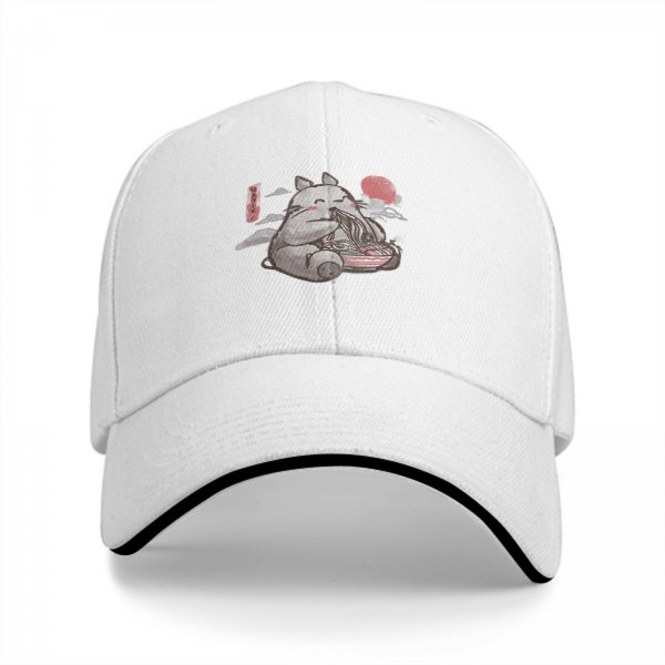 Black baseball cap with cute fox eating ramen sun and cloud design