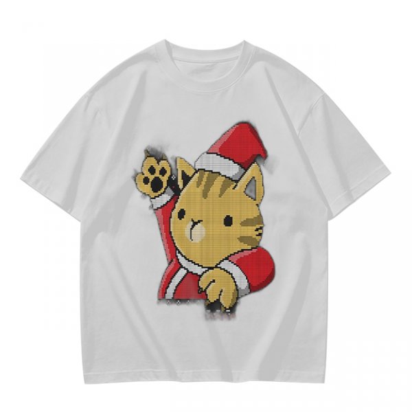 Olive Green T-Shirt With Waving Christmas Cat Graphic