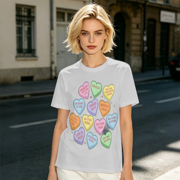 Olive T-shirt with Princess Bride themed conversation heart candies