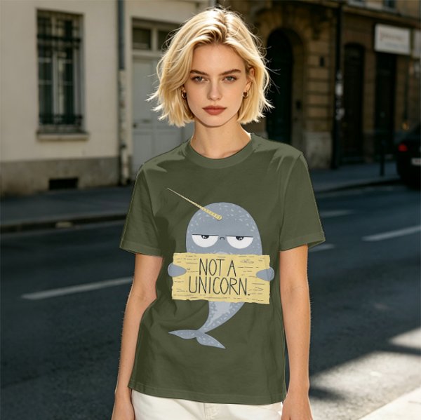 Olive T-Shirt With Grumpy Narwhal Holding Not A Unicorn Sign