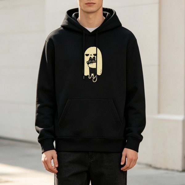 Black Hoodie With Cute Ghost Holding A Cat Graphic Print