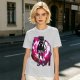 Olive anime cat character graphic t-shirt with pink abstract background