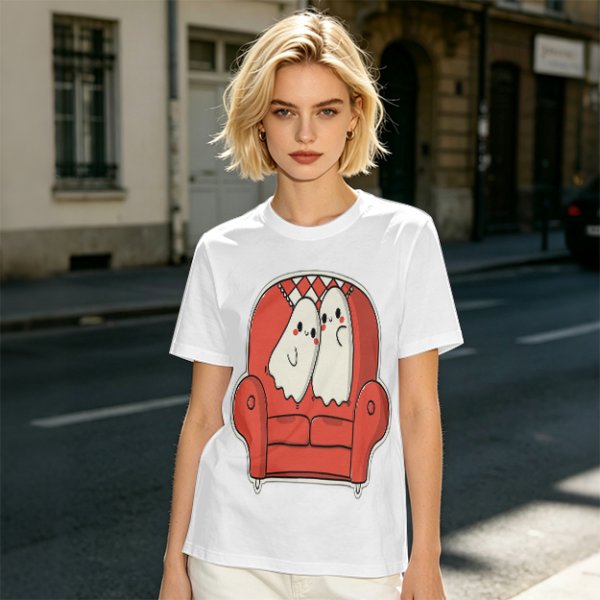 Olive T-Shirt with Cute Ghosts on Red Armchair Graphic