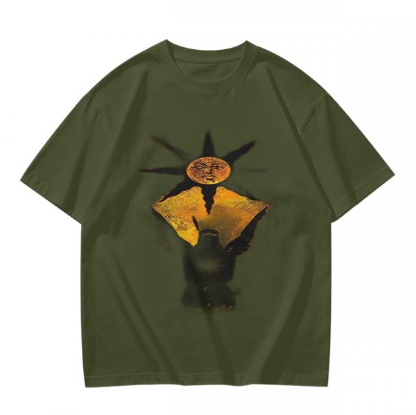 Olive Green T-Shirt With Sun And Dark Figure Graphic Print
