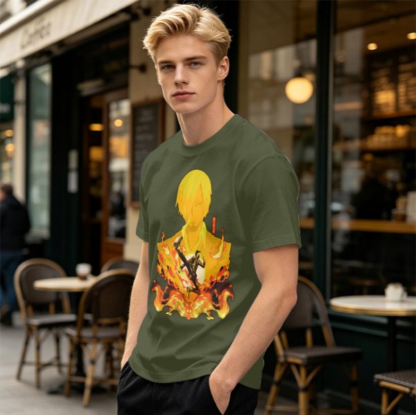 One Piece Sanji Fire Kick Graphic Olive T-Shirt