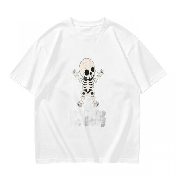Olive green t-shirt with cute cartoon skeleton graphic