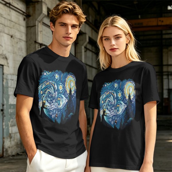 Olive T-Shirt with Starry Night Art Print