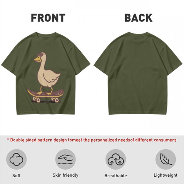 Olive T-Shirt Featuring a Cool Duck Wearing Sunglasses Riding a Skateboard