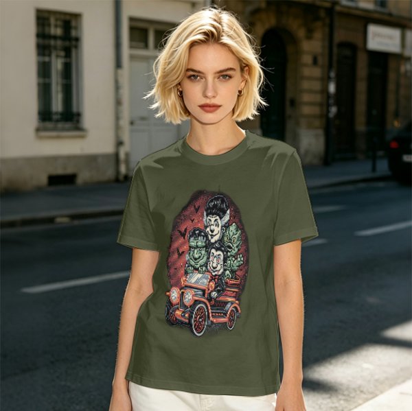 Halloween Monster Characters Driving Vintage Car Graphic T-Shirt