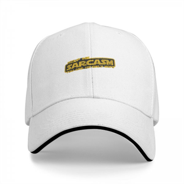Black baseball cap with 'Help Me Sarcasm You Are My Only Hope' print