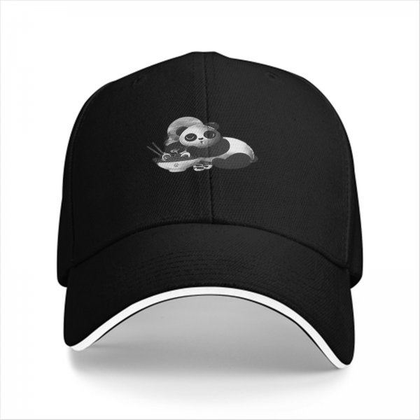 Black Baseball Cap With Cute Panda Eating Ramen Graphic