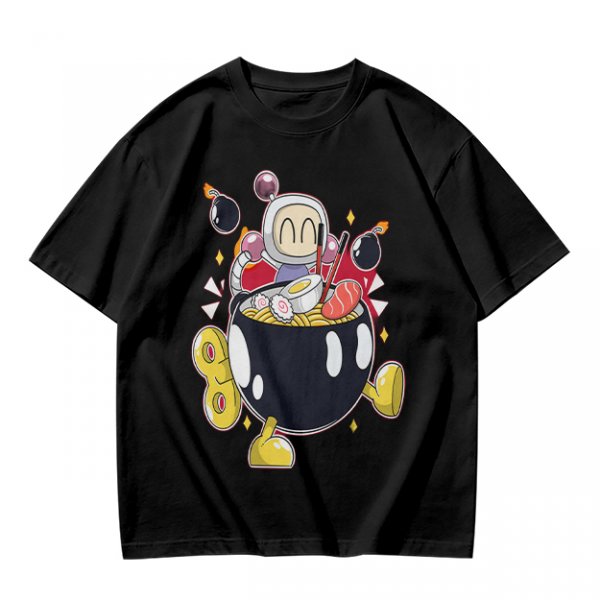 Olive T-shirt with Bomberman Character Eating Ramen Print