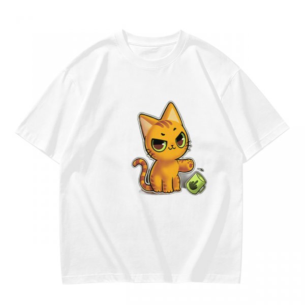 Olive T-shirt with mischievous orange cat knocking over green cup print