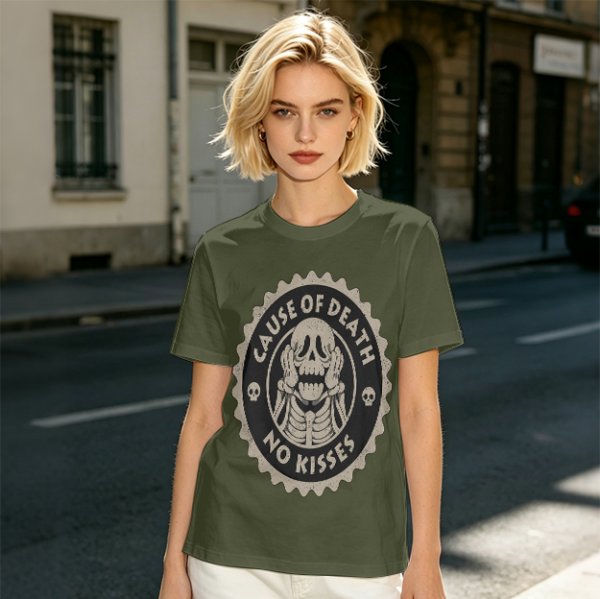 Olive T-shirt with 'Cause of Death No Kisses' Skeleton Graphic