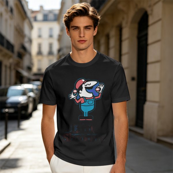 Olive T-shirt with Cartoon Character Holding Mushrooms Print
