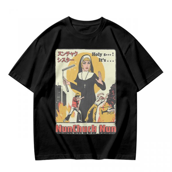 Olive T-shirt with Nunchuck Nun Action Graphic Print