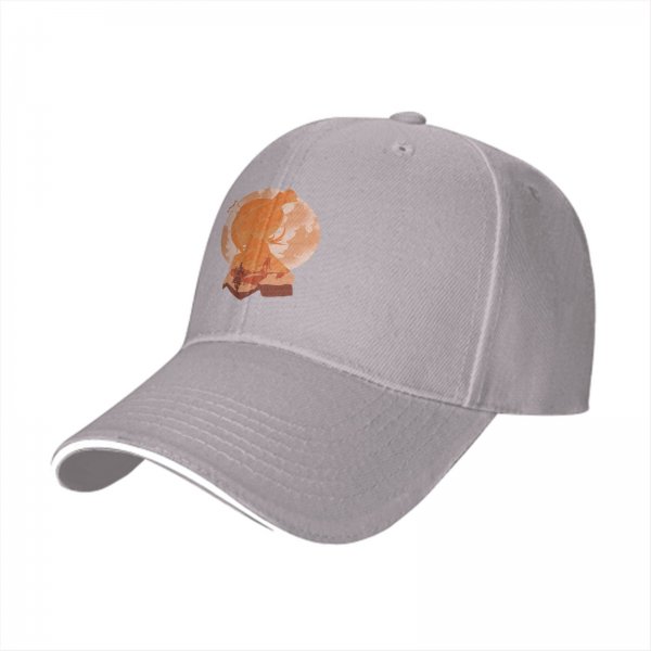 Black Baseball Cap with Orange Anime Character Silhouette Print