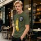 Olive T-shirt with sad banana graphic reading I'm not peeling well