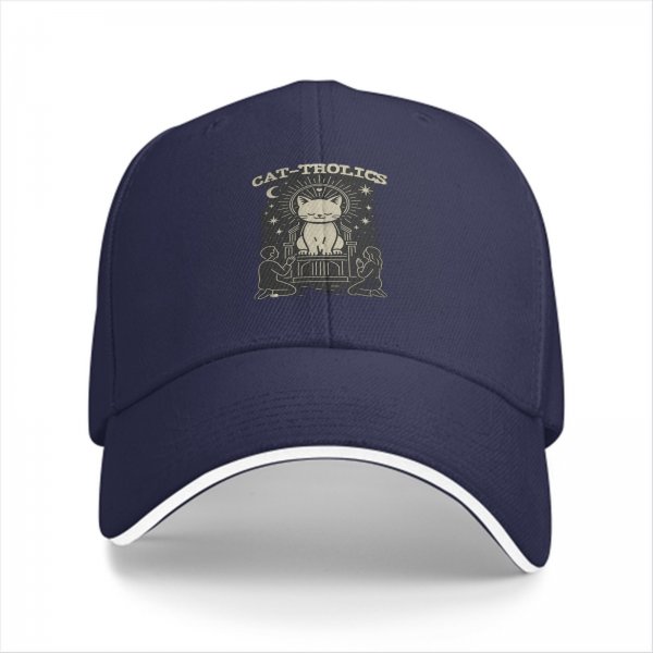 Black baseball cap with cat-tholics religious parody graphic print