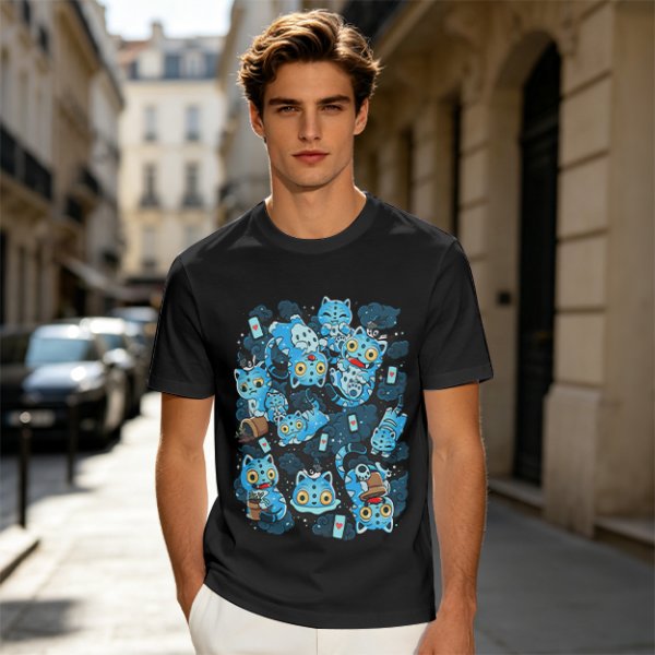 Olive T-Shirt With Playful Blue Cat Character Print