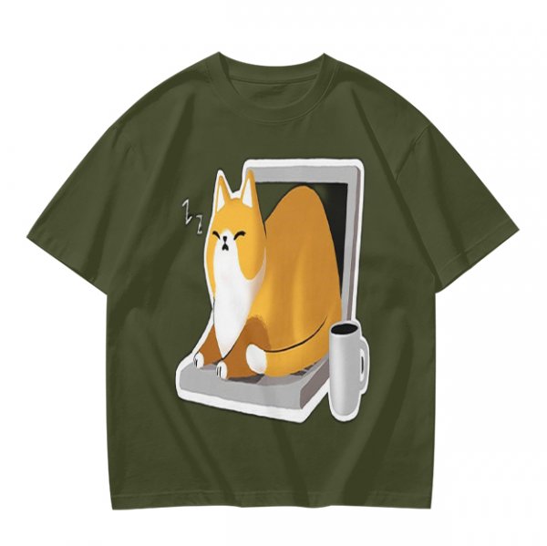 Olive T-Shirt with a Sleeping Cat on a Laptop Print