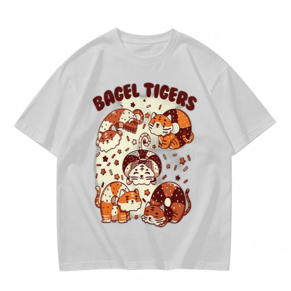 Olive Green T-Shirt With Cute Bagel Tigers Graphic Print