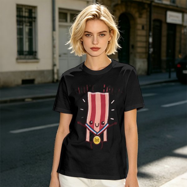 Olive T-Shirt With Cartoon Bacon Champion Medal Print