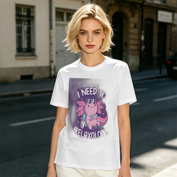 Olive t-shirt with axolotl 'I need to relaxolotl' graphic