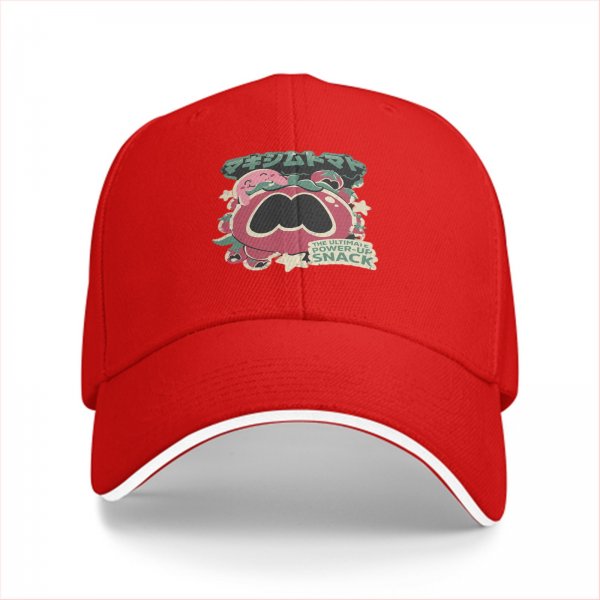 Black baseball cap with tomato power-up snack graphic