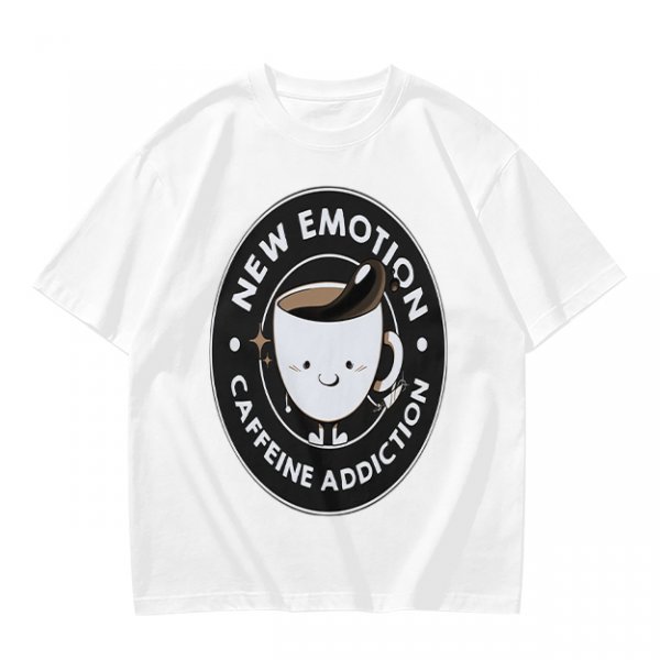 Olive t-shirt with 'New Emotion Caffeine Addiction' coffee cup graphic