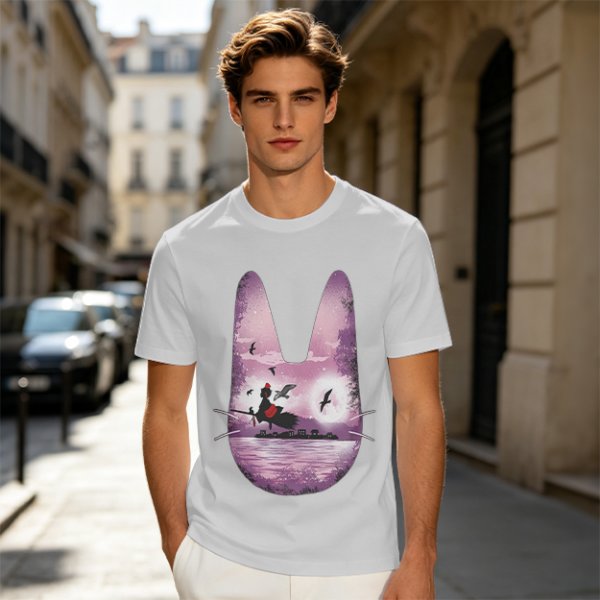 Olive T-Shirt With Witch Riding Broom Silhouette In Bunny Outline