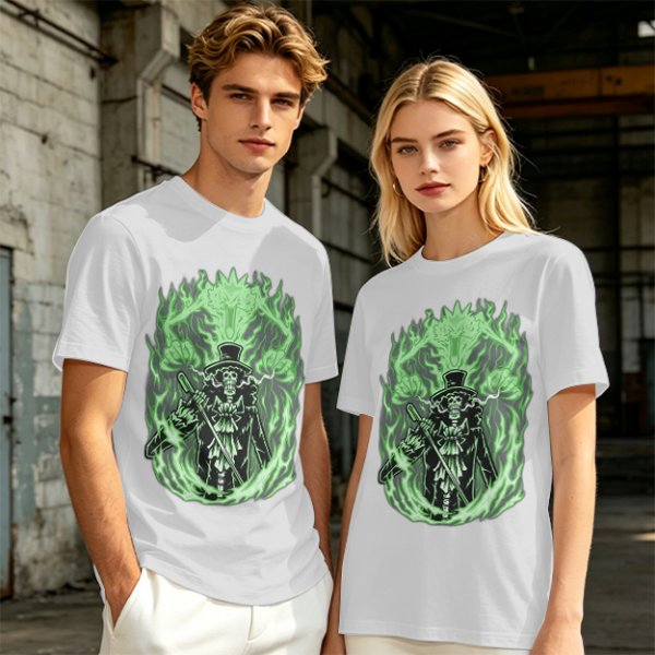 Olive T-Shirt With Skeleton Gentleman And Green Flames Art