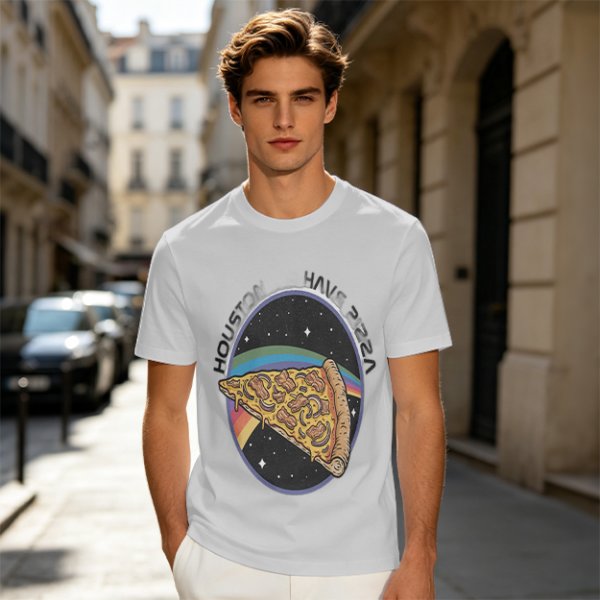 Olive t-shirt with space pizza graphic and Houston have pizza text