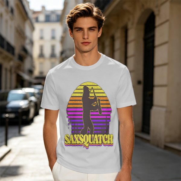 Saxsquatch Bigfoot Playing Saxophone Retro Sunset T-Shirt