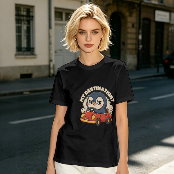 Olive T-Shirt With Cartoon Penguin Driving Car 'My Destination?' Print