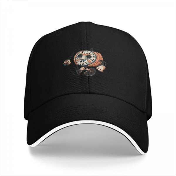 Black Baseball Cap With Retro Jason Voorhees Pumpkin Graphic
