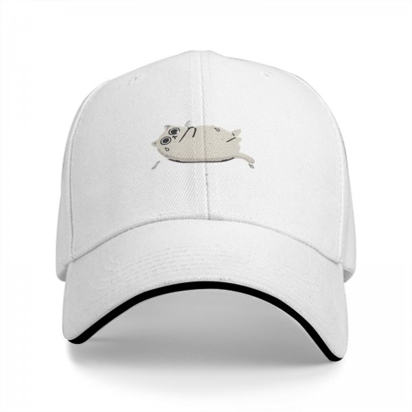 Black baseball cap with a stressed chubby white cat graphic