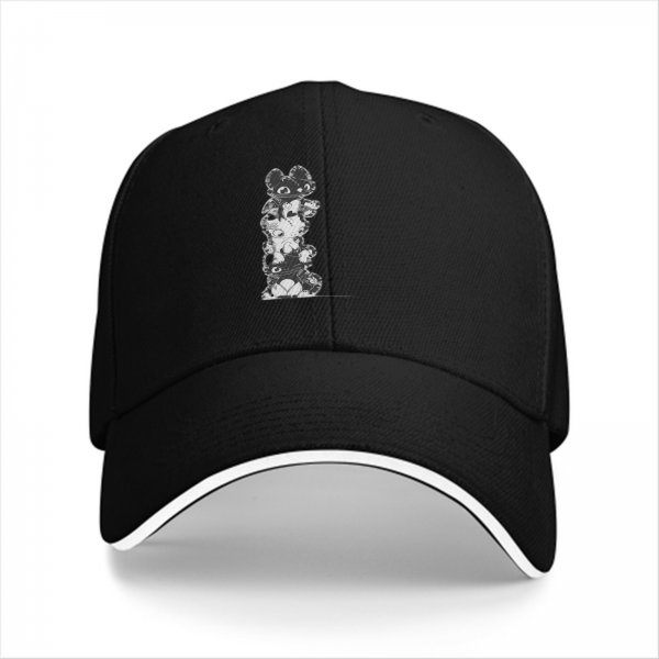 Black Baseball Cap With Stacked Cartoon Creature Graphic