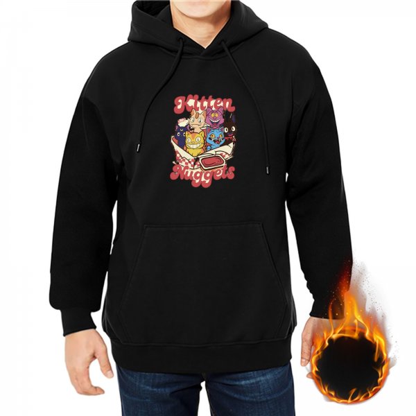 Black hoodie with playful kitten nuggets graphic print