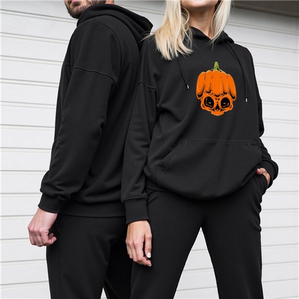 Black Hoodie With Spooky Pumpkin Skull Halloween Graphic