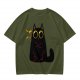 Olive Green T-Shirt With Surprised Black Cat Graphic Print