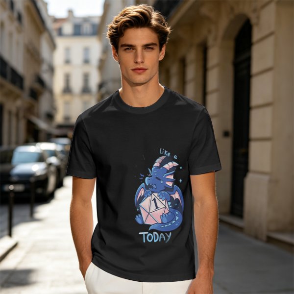 Olive T-Shirt With Sad Dragon Holding D20 Natural 1 'Like A Today' Print