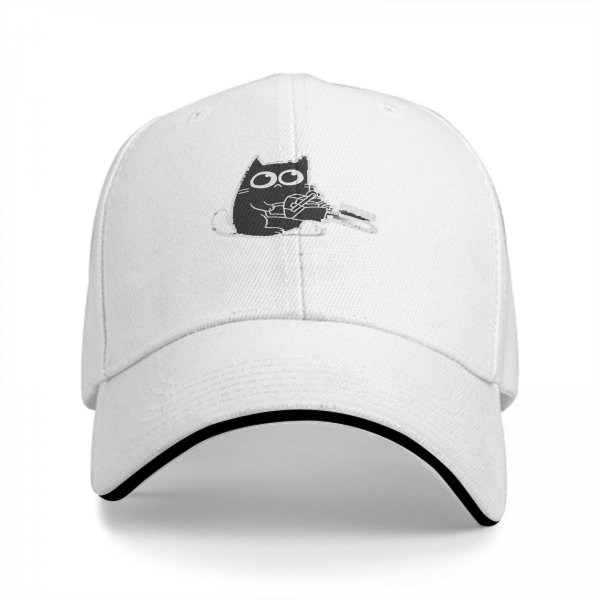 Black Baseball Cap With Cute Cat Holding Chainsaw Purr Print
