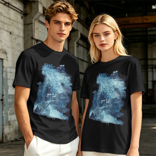 Olive Green T-Shirt With Abstract Blue Water-Inspired Print