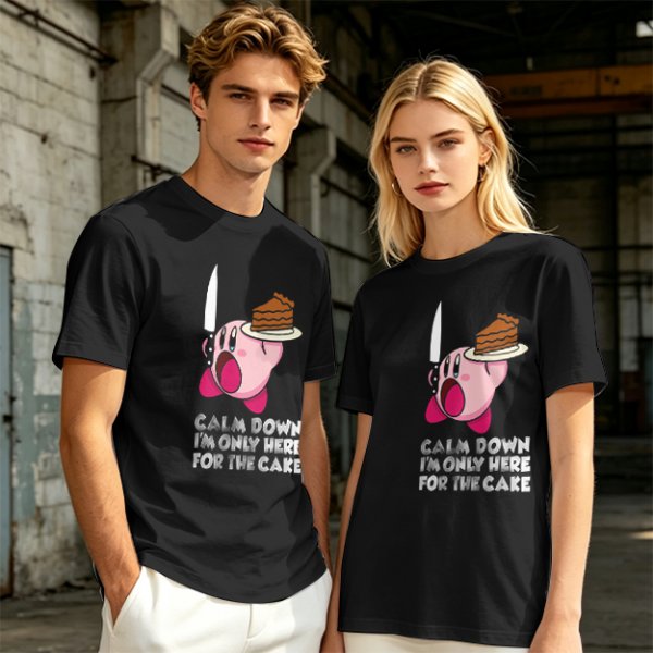 Olive t-shirt with Kirby holding knife and cake, text Calm Down I'm Only Here For The Cake