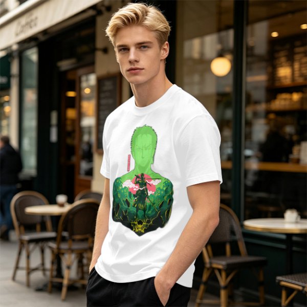 Olive Anime T-Shirt With Samurai Warrior Silhouette Art