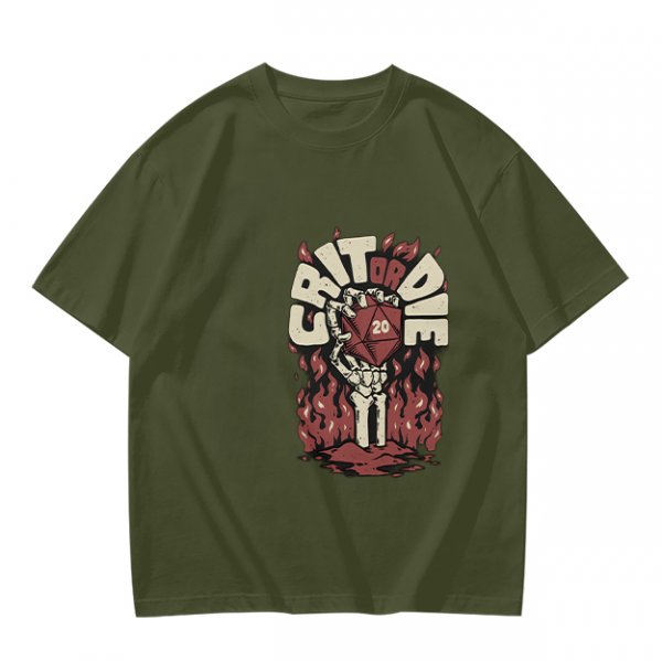 Olive Dungeons and Dragons Crit or Die Skeleton Hand D20 T-Shirt