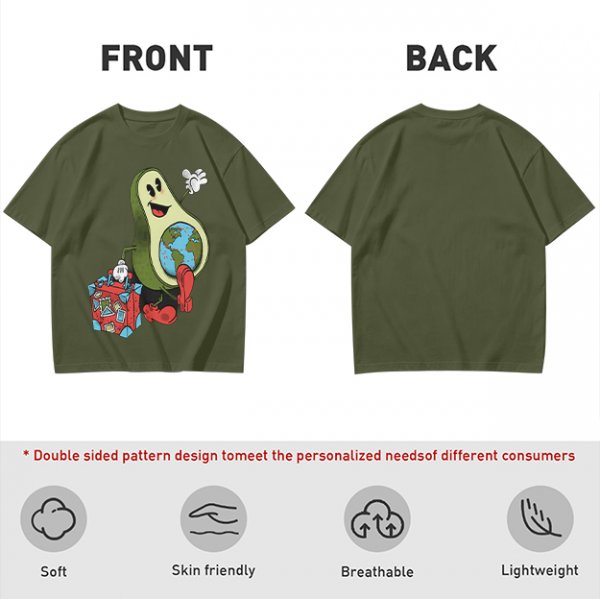 Olive T-Shirt with Cartoon Avocado Globe Travel Print