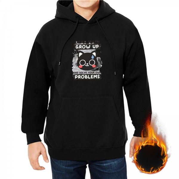 Black hoodie with 'Grow Up Solve Your Own Problems' and cat graphic
